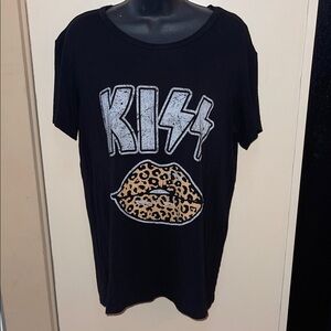KISS Black Graphic Tee with Leopard Print